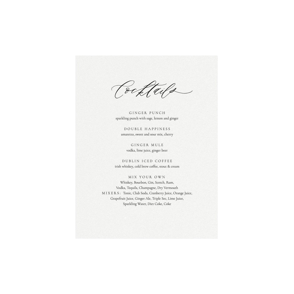 Calligraphy Cocktails Sign Template: 8x10 Printable Bar Menu (Instant Download)