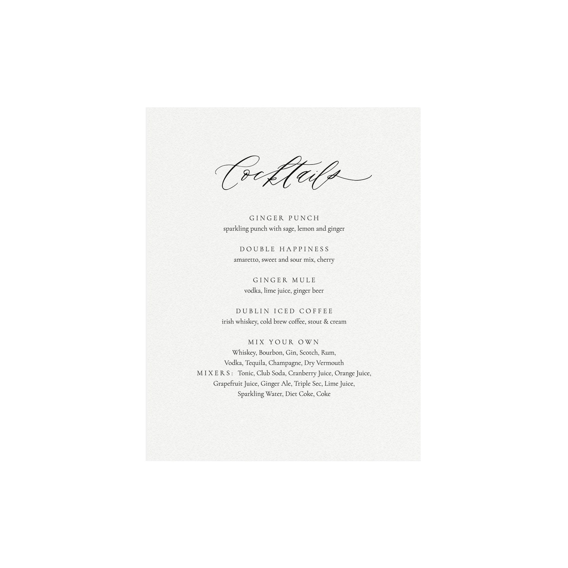 Calligraphy Cocktails Sign Template: 8x10 Printable Bar Menu (Instant Download)