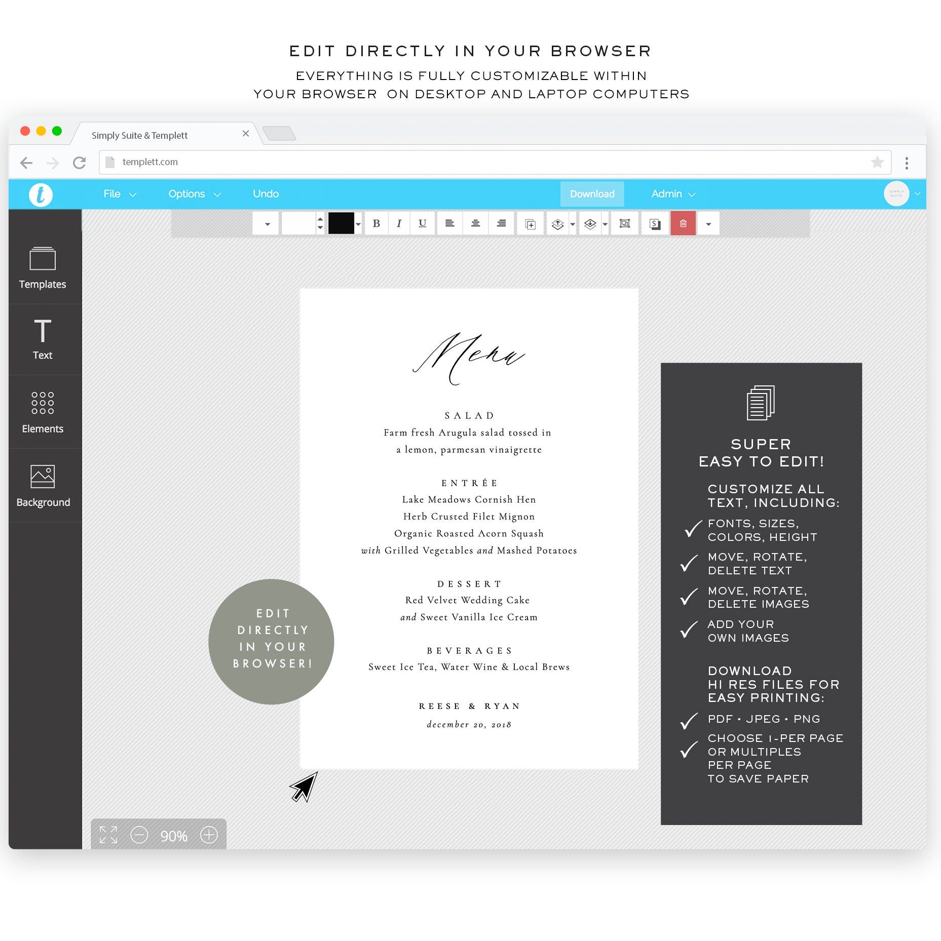 Minimalist Wedding Menu Template: Elegant Fine Art, 5x7 (Digital Download)