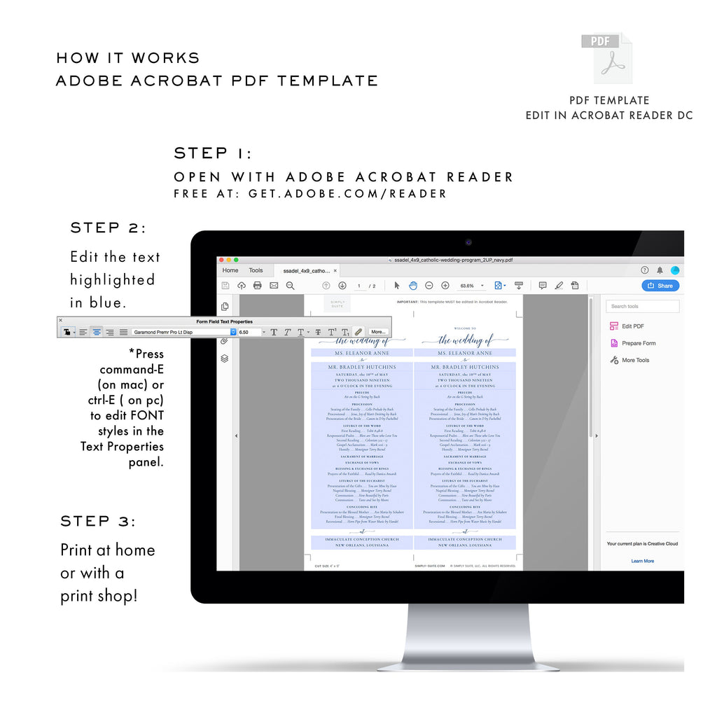 Navy Catholic Wedding Program Template: Modern Calligraphy (PDF Download)