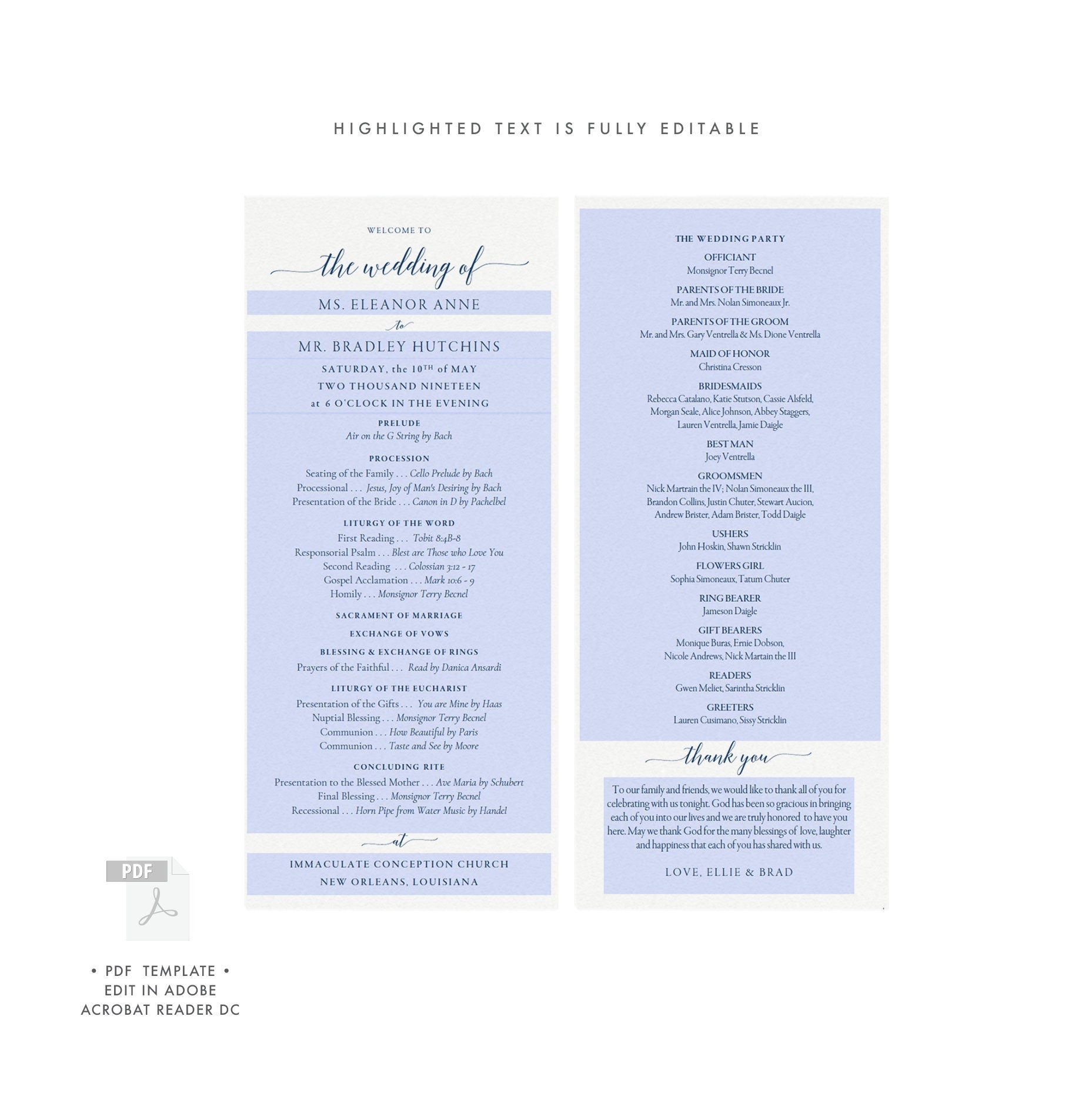 Navy Catholic Wedding Program Template: Modern Calligraphy (PDF Download)