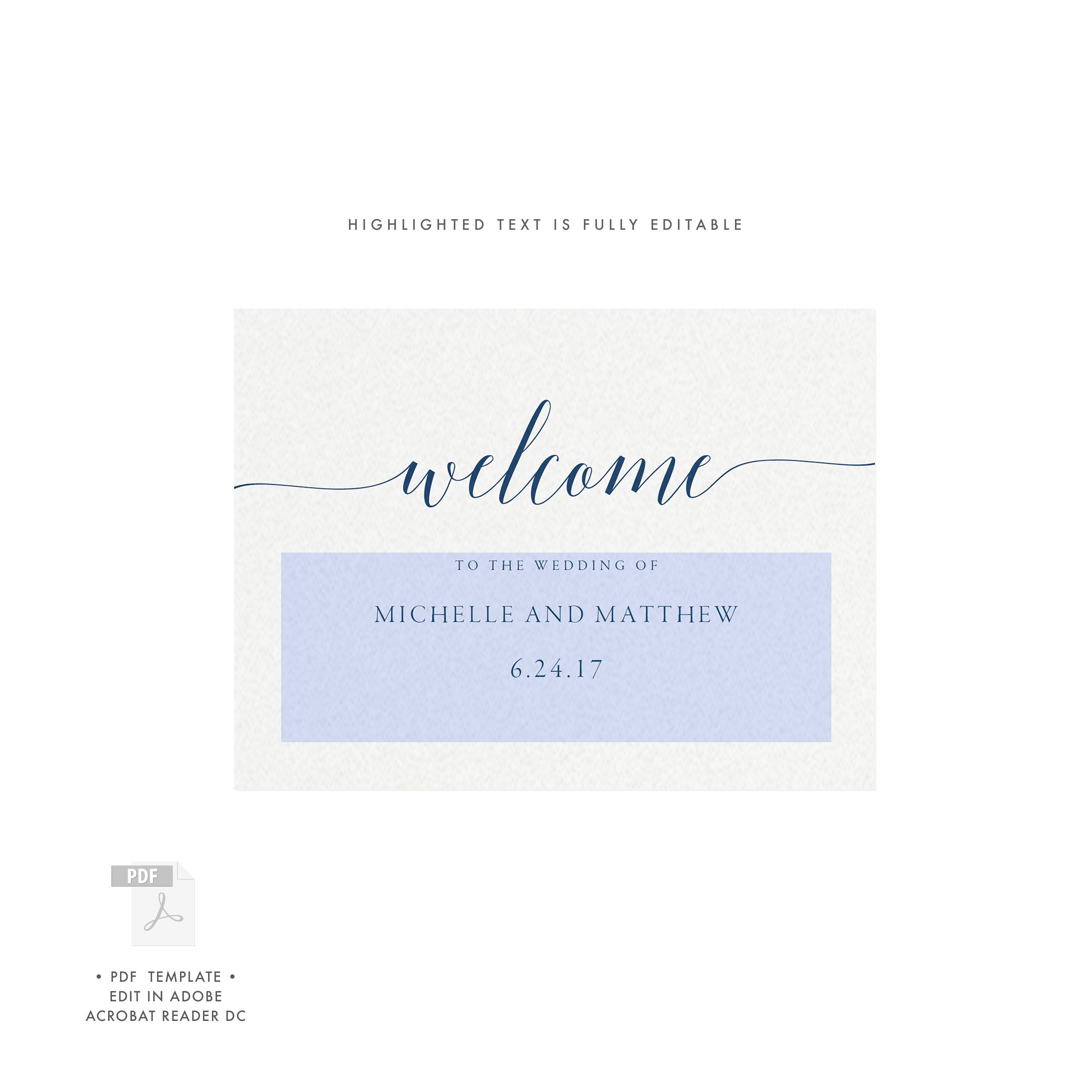Navy Blue Welcome Sign Template: Calligraphy Wedding Decor (PDF Download)