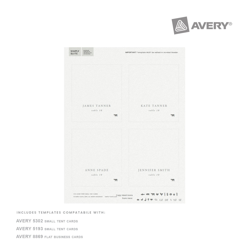 Gardner: Slate Gray Avery 5302, 5193, 8869 Escort Card Template with Meal Icons Small Tent Card Template Printable PDF Instant Download