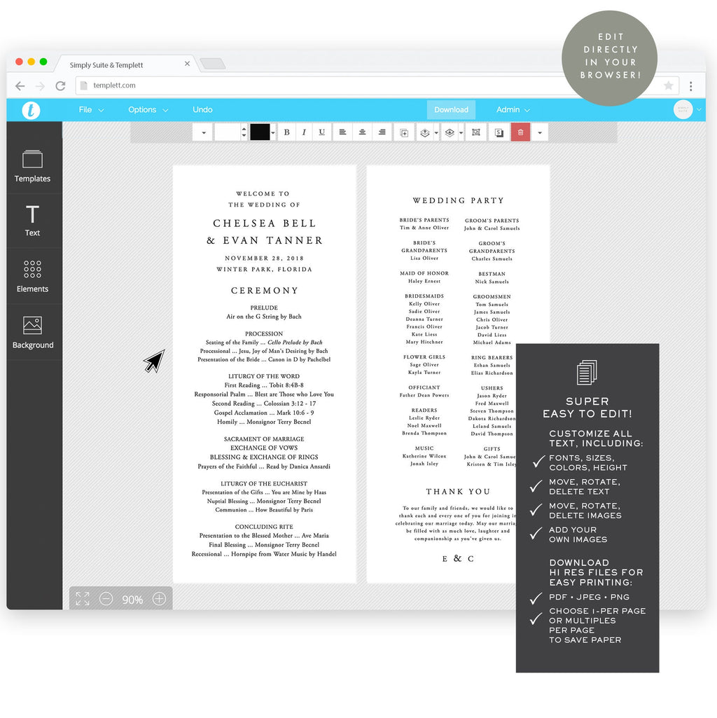 Catholic Wedding Program Template: Black Calligraphy (Instant Download)