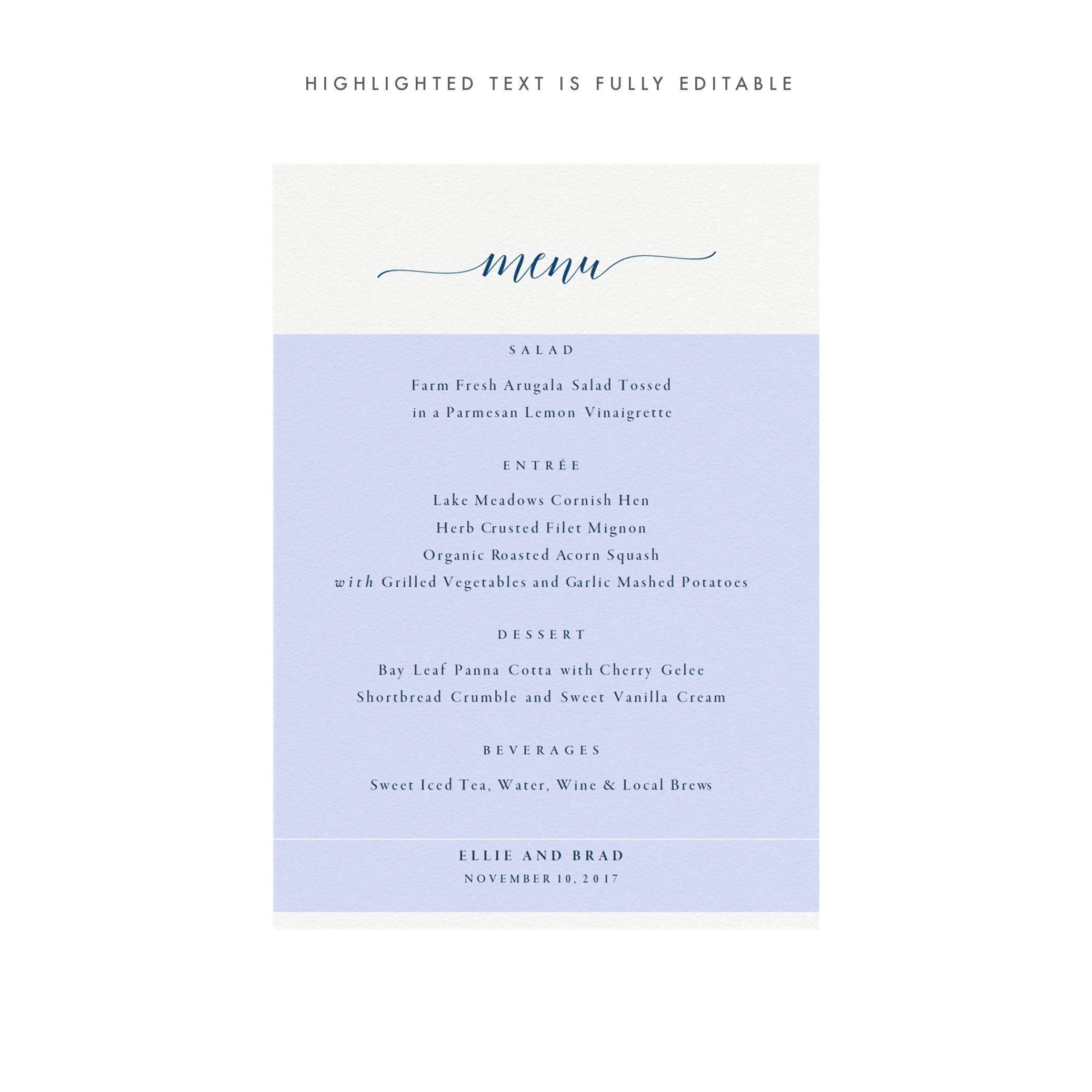 Navy Blue Calligraphy Wedding Menu Template: Minimalist (PDF)