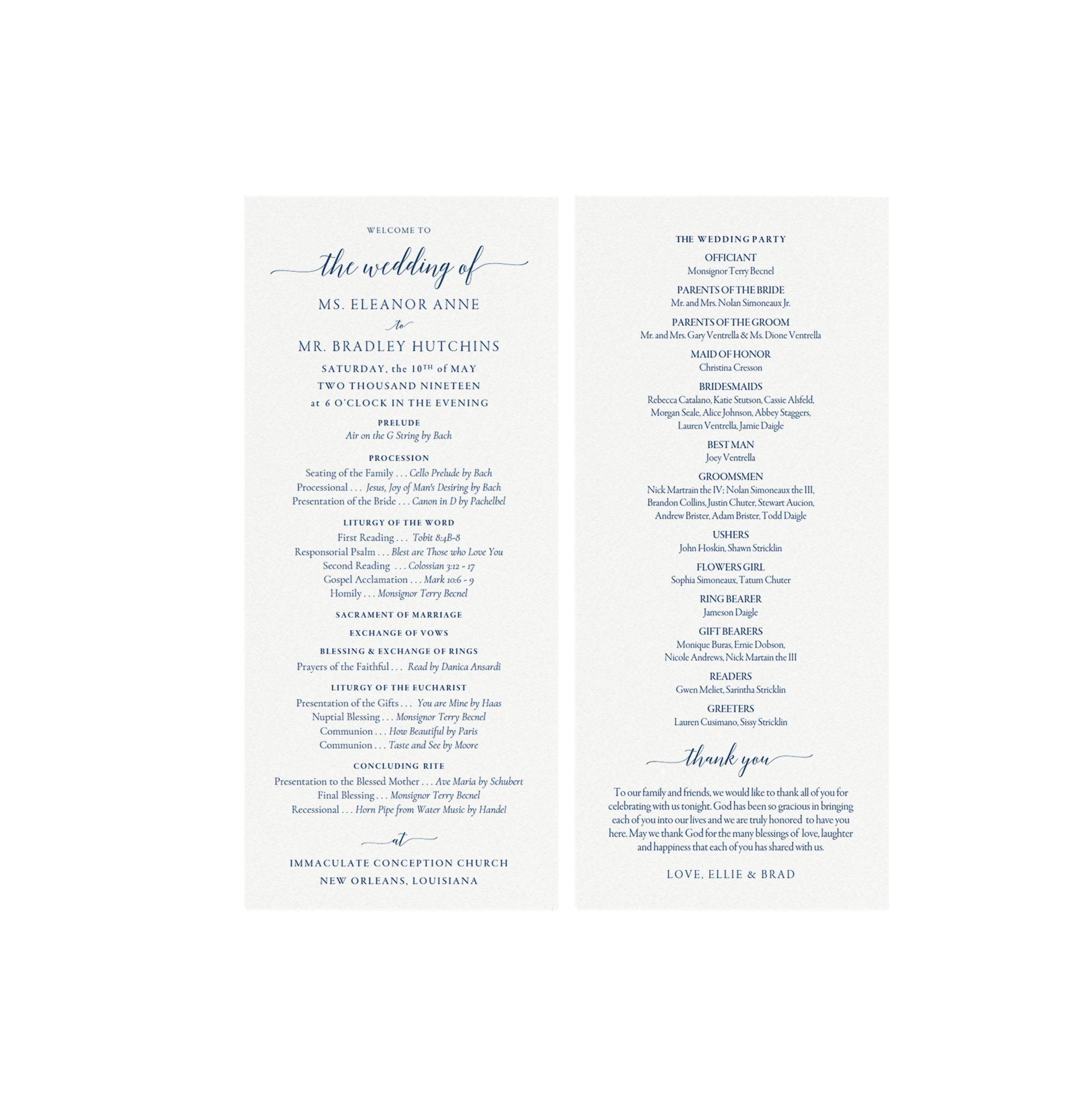 Navy Catholic Wedding Program Template: Modern Calligraphy (PDF Download)