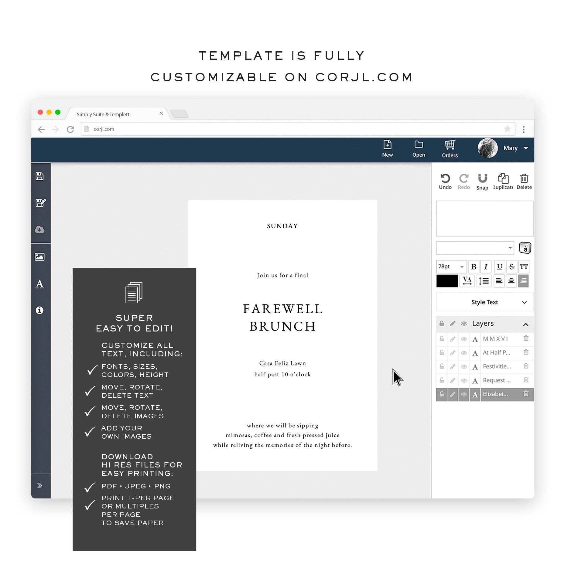 Farewell Brunch Invitation Card Template: 3.5x5 Editable Enclosure (Digital Download)