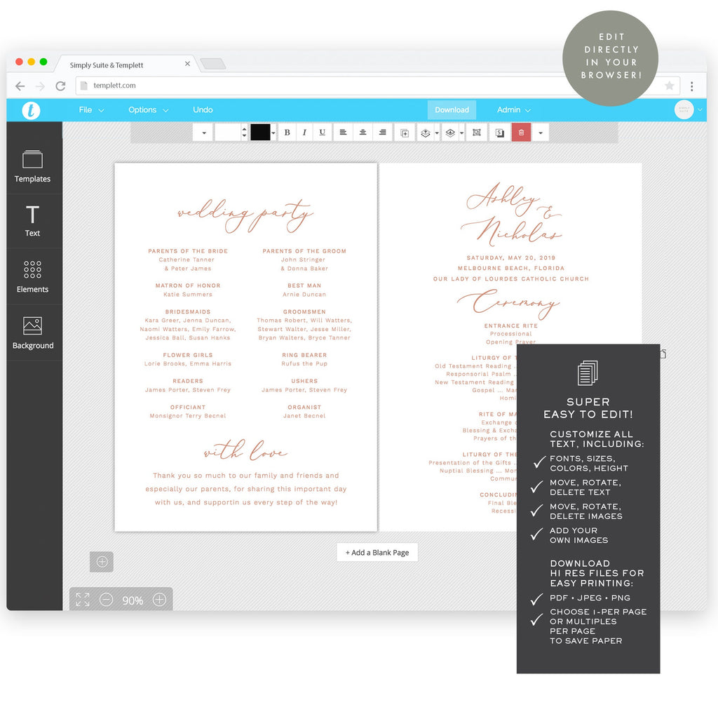 Rose Gold Catholic Wedding Program Fan Template: Blush Pink, Editable (Digital Download)