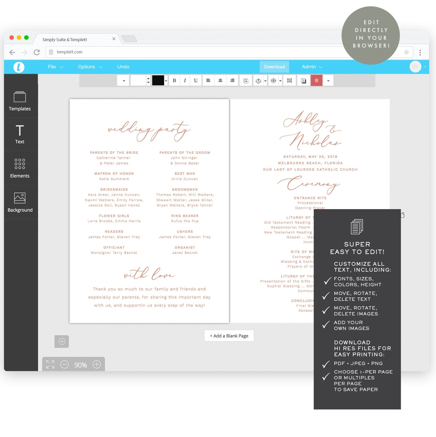 Rose Gold Catholic Wedding Program Fan Template: Blush Pink, Editable (Digital Download)