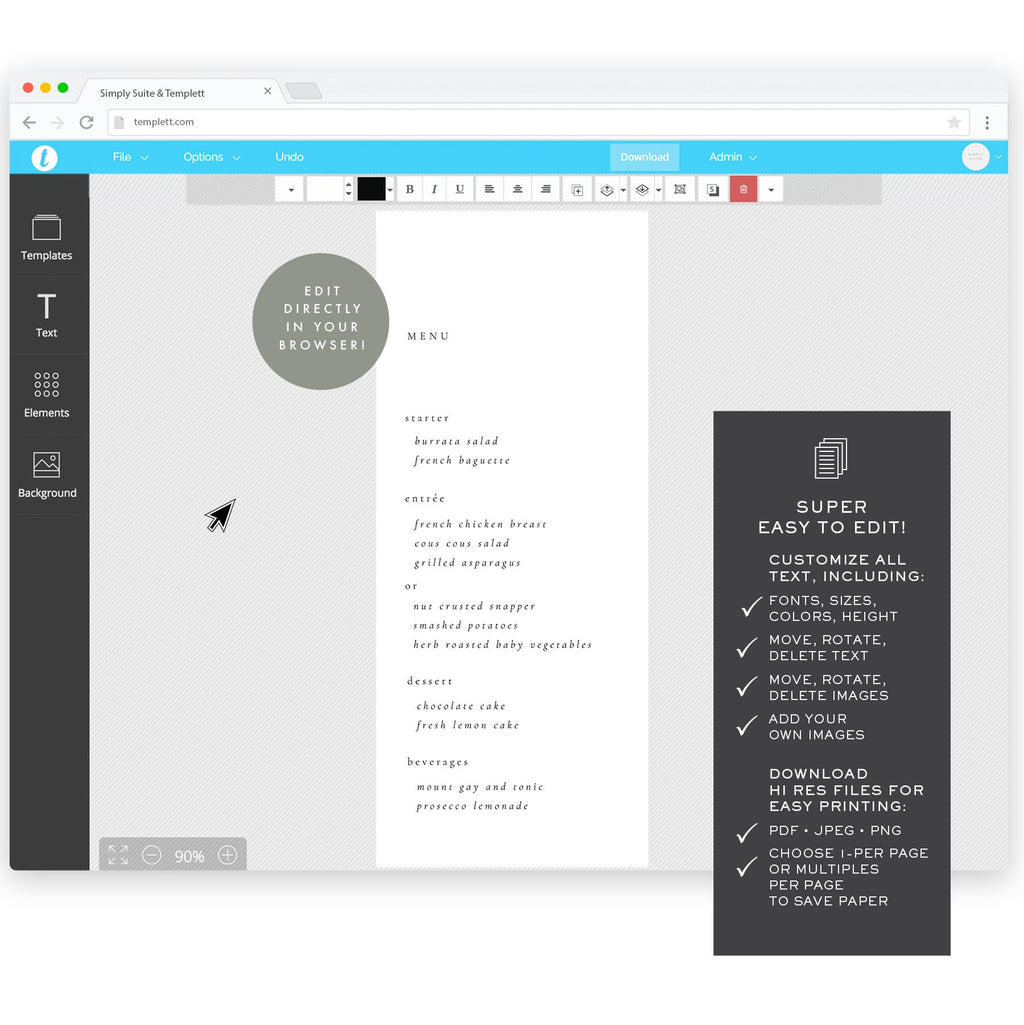 Minimalist Wedding Menu Template: Classic, Simple (Templett Instant Download)