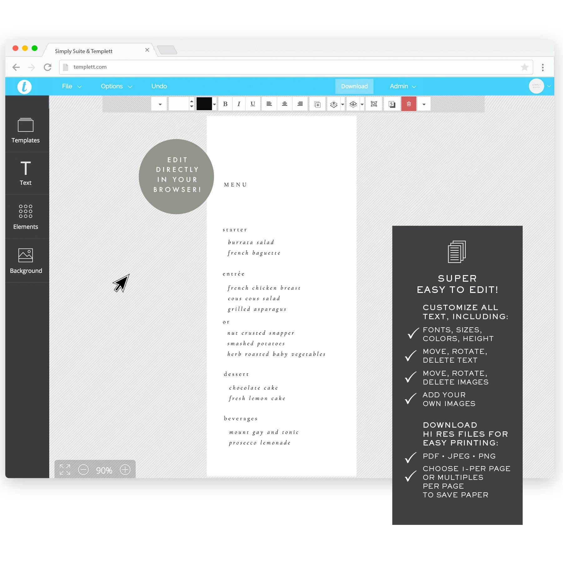 Minimalist Wedding Menu Template: Classic, Simple (Templett Instant Download)