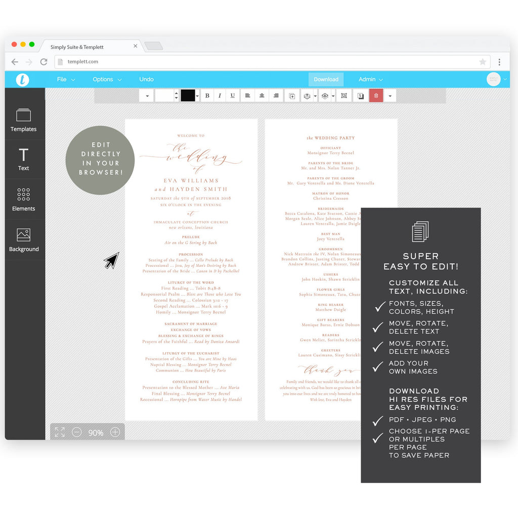 Rose Gold Catholic Wedding Program Template: Calligraphy (Printable, Instant Download)