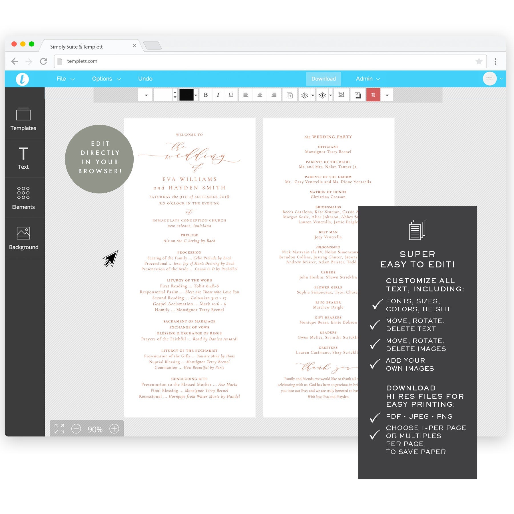 Rose Gold Catholic Wedding Program Template: Calligraphy (Printable, Instant Download)