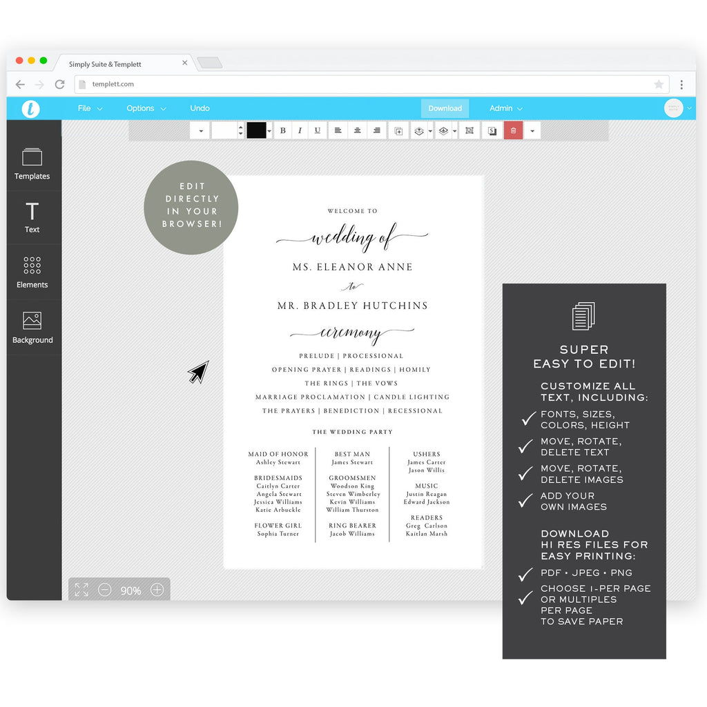 Calligraphy Wedding Program Template: Simple Black & White (Instant Download)