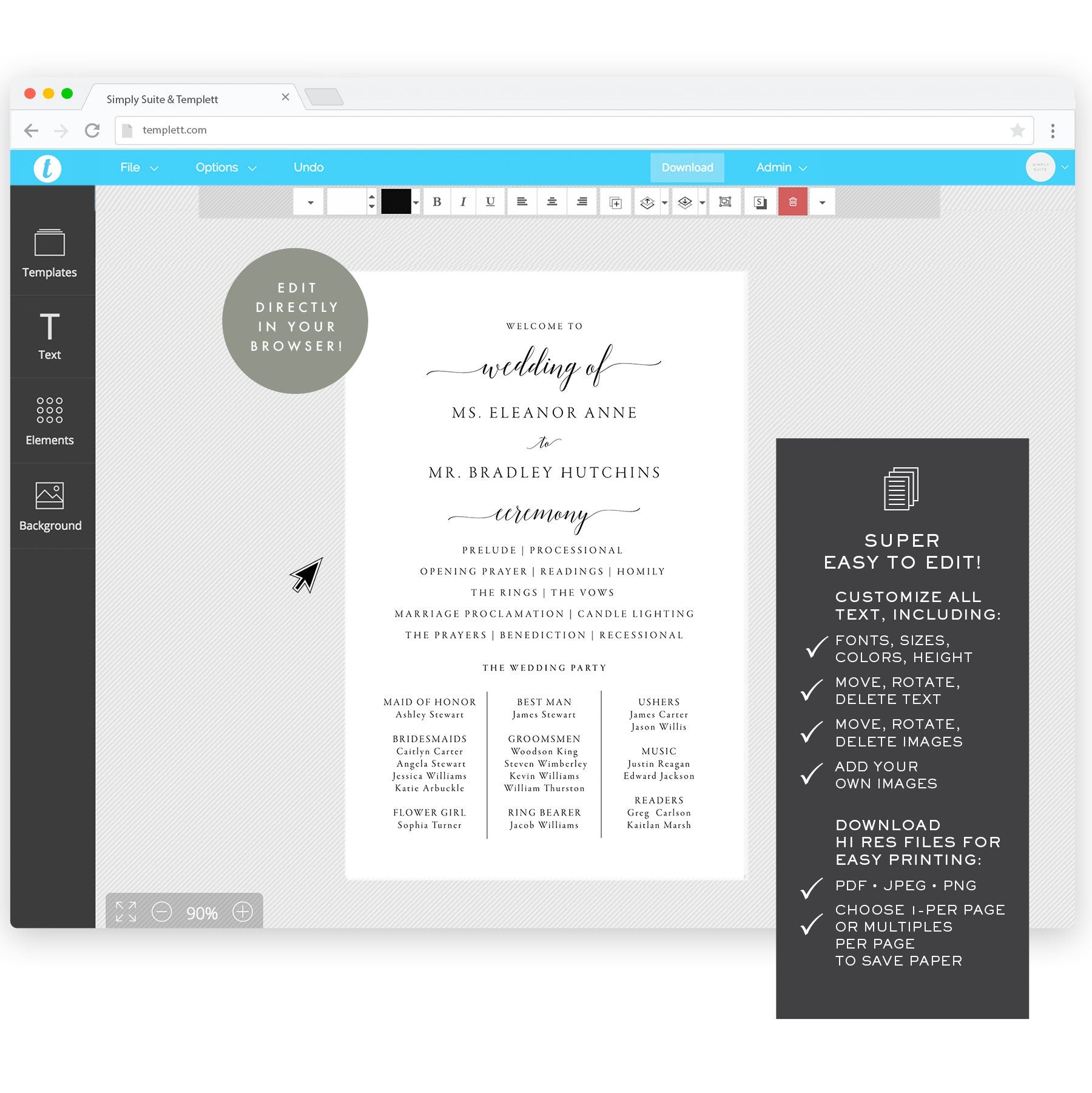 Calligraphy Wedding Program Template: Simple Black & White (Instant Download)