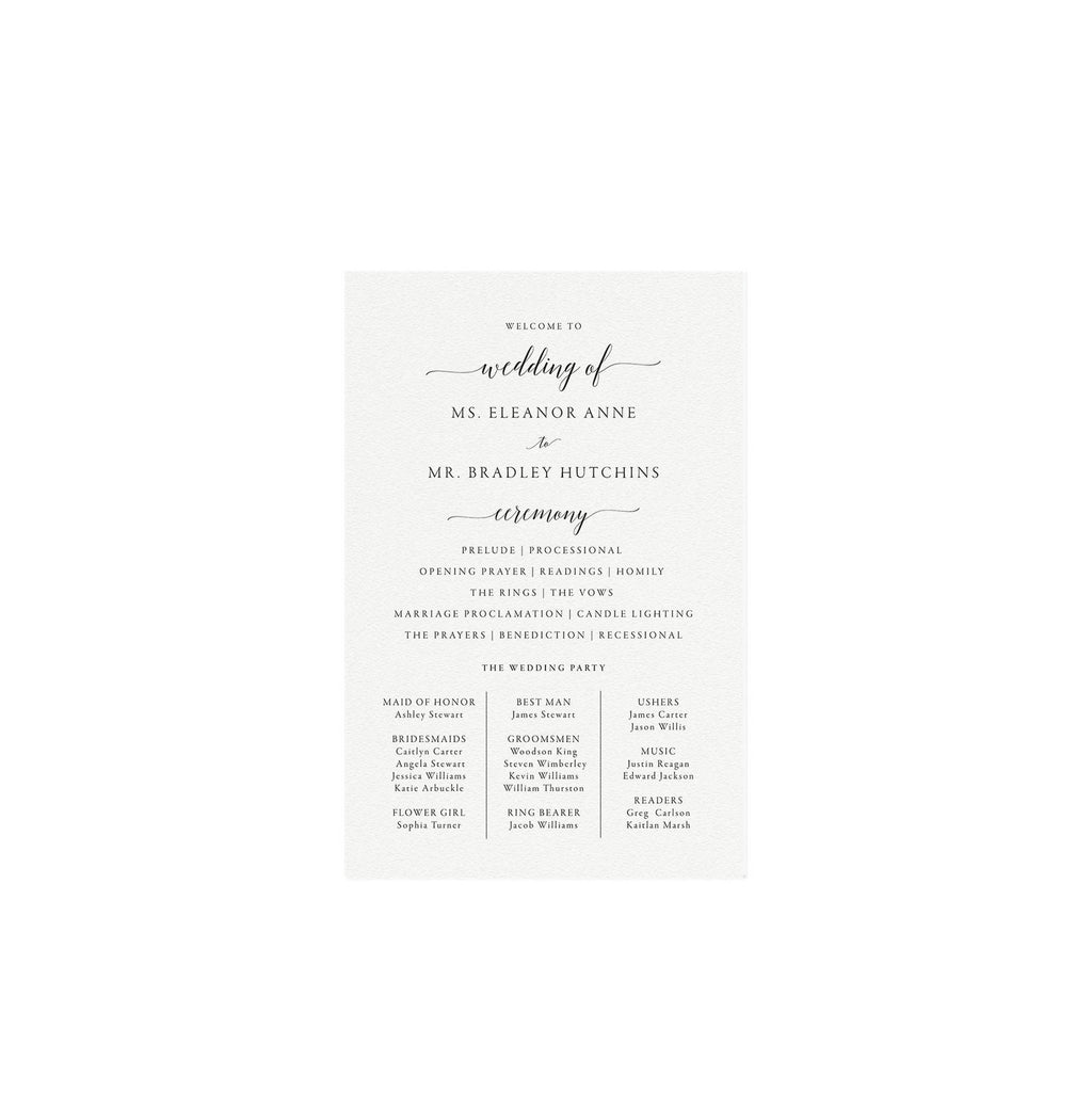 Calligraphy Wedding Program Template: Simple Black & White (Instant Download)