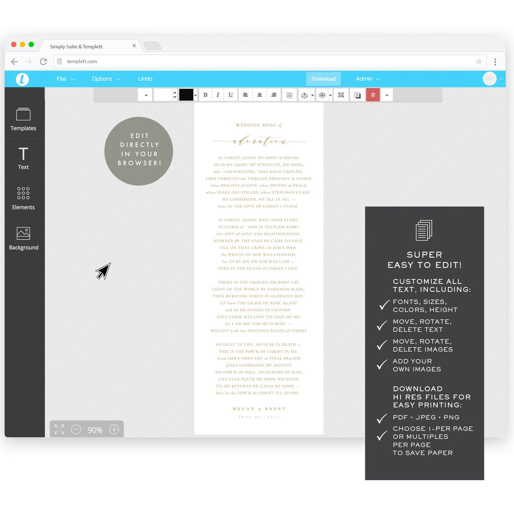 Gold Wedding Song of Adoration Template: Calligraphy Lyrics (Digital Download)