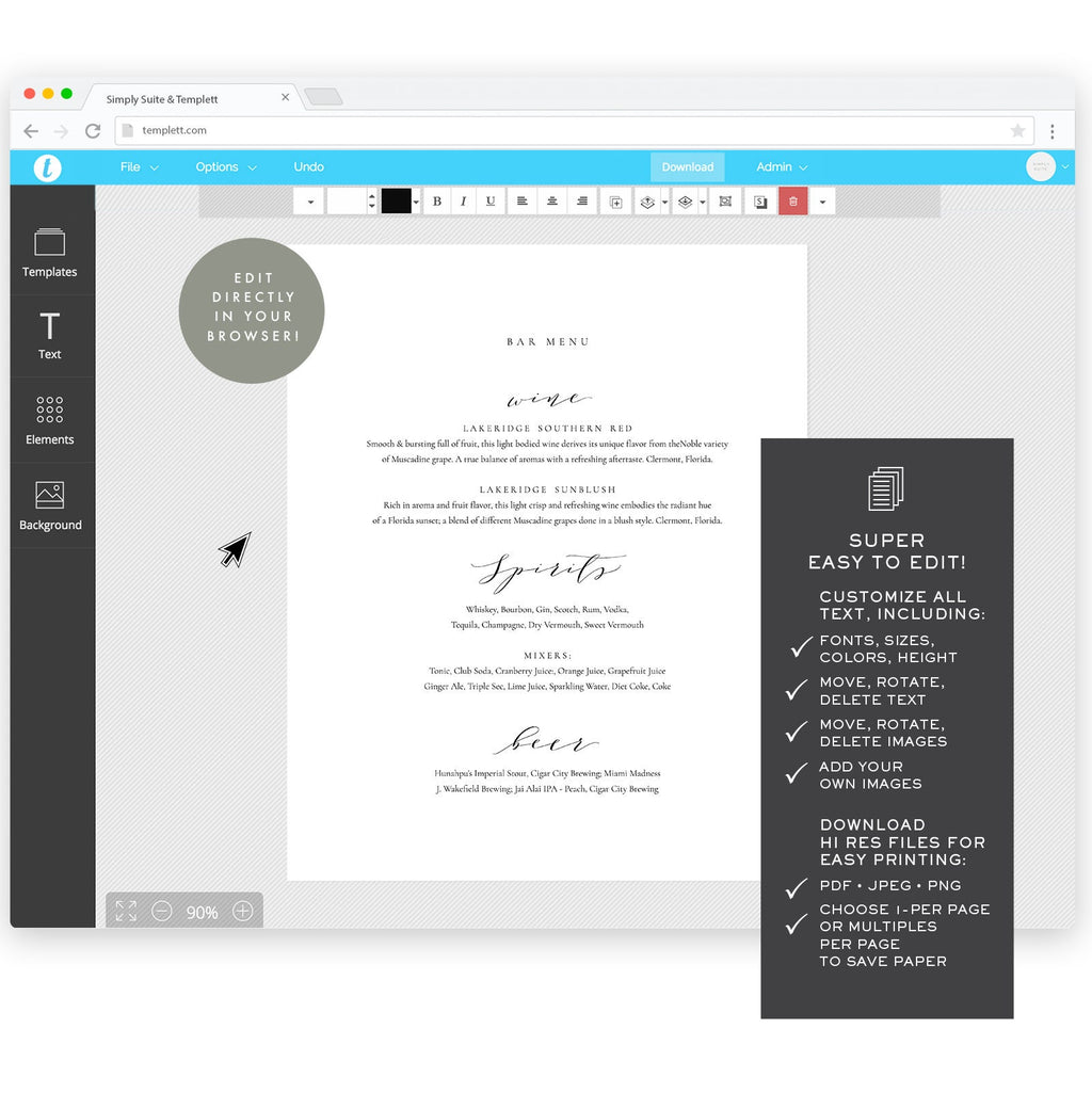 Calligraphy Bar Menu Sign: Melia Template, Editable 8x10 (Digital Download)