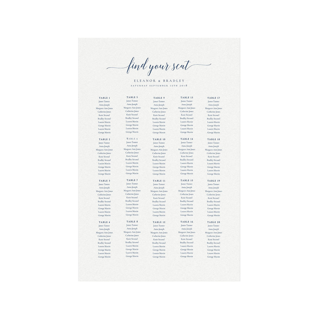Navy Blue Calligraphy Wedding Seating Chart Poster (24x36 Printable Template)