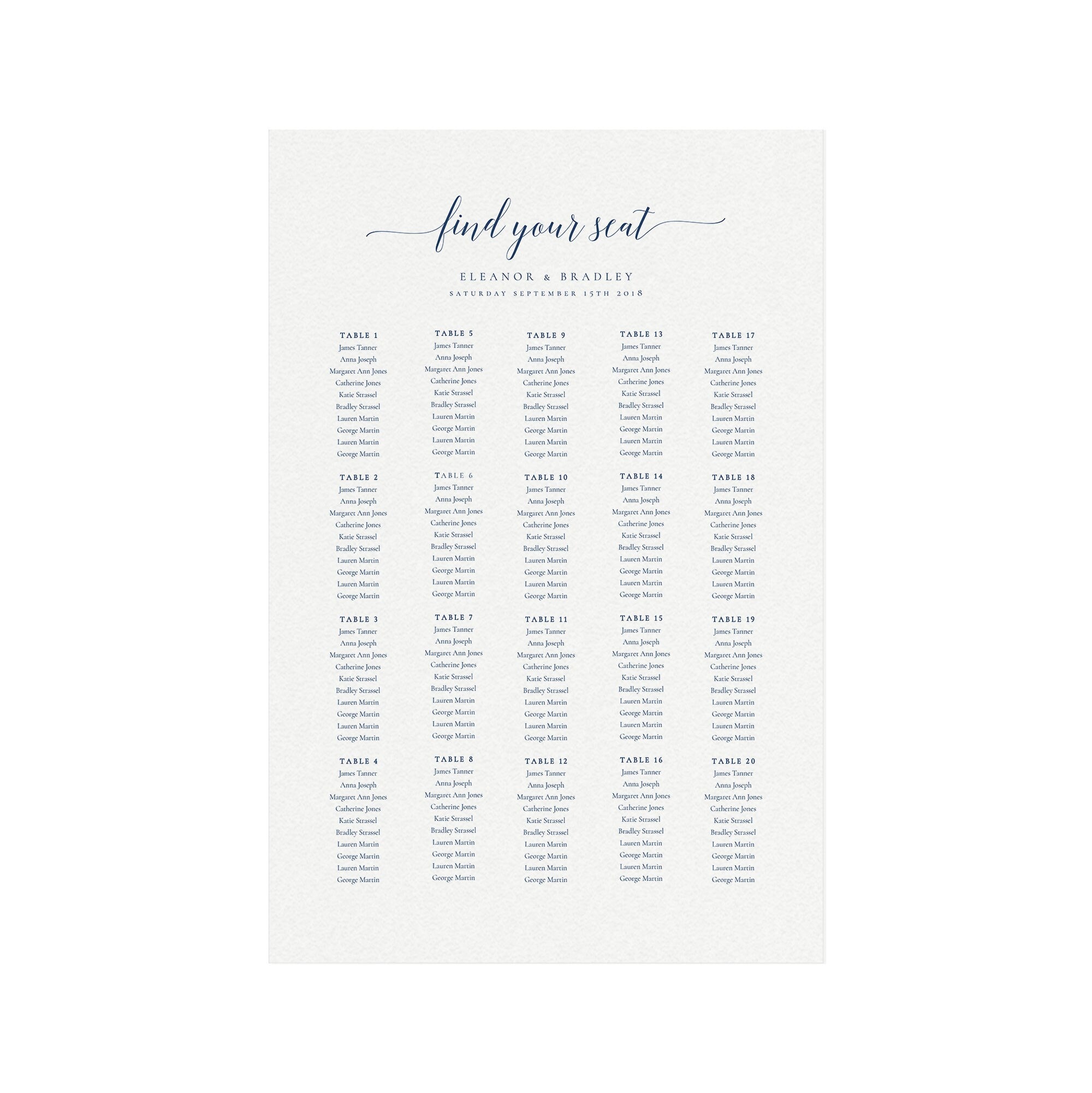 Navy Blue Calligraphy Wedding Seating Chart Poster (24x36 Printable Template)