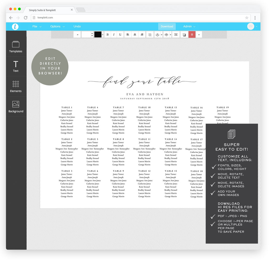 Melia Wedding Seating Chart Poster: Elegant Horizontal Design (Digital Download)