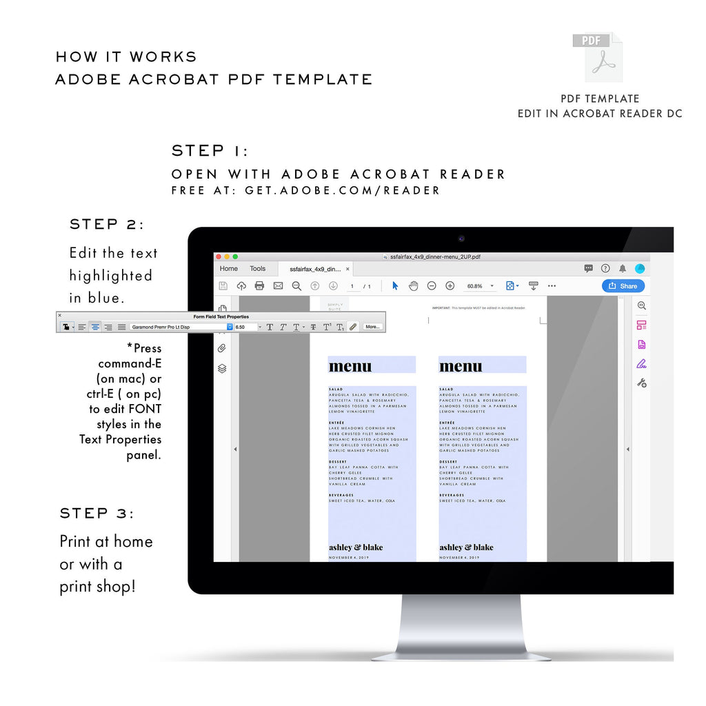 Modern Wedding Menu Template: Fairfax Printable PDF (4x9)