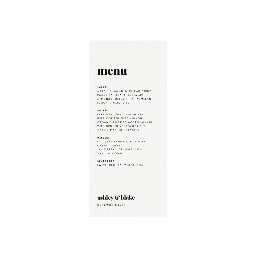 Modern Wedding Menu Template: Fairfax Printable PDF (4x9)