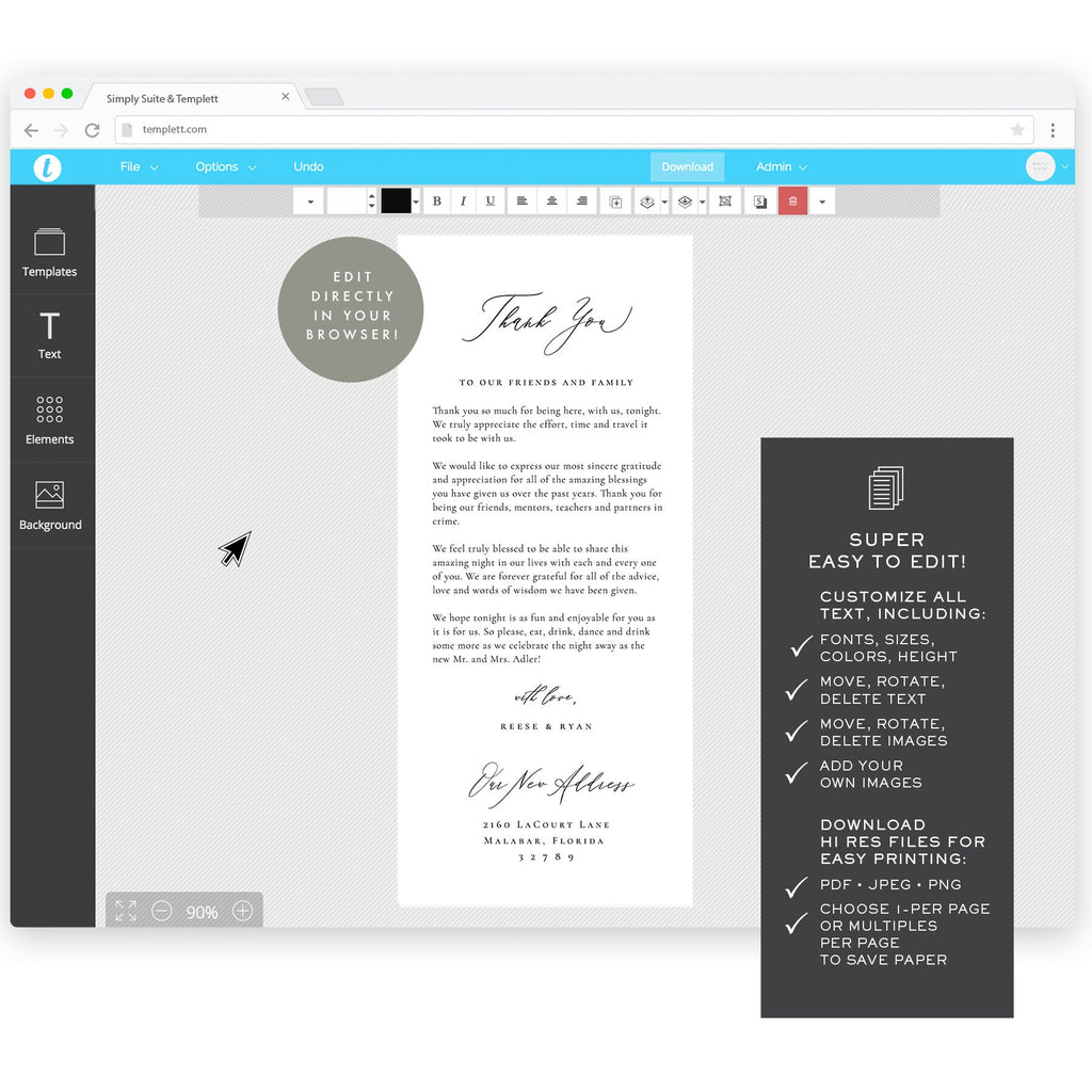 Calligraphy Wedding Thank You Card: Adler Suite (4x9, Editable Template)