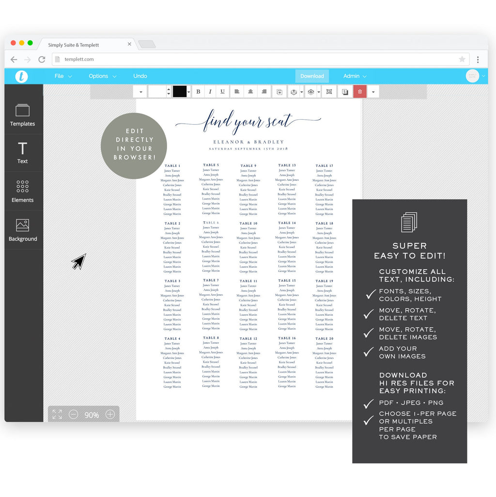Navy Blue Calligraphy Wedding Seating Chart Poster (24x36 Printable Template)