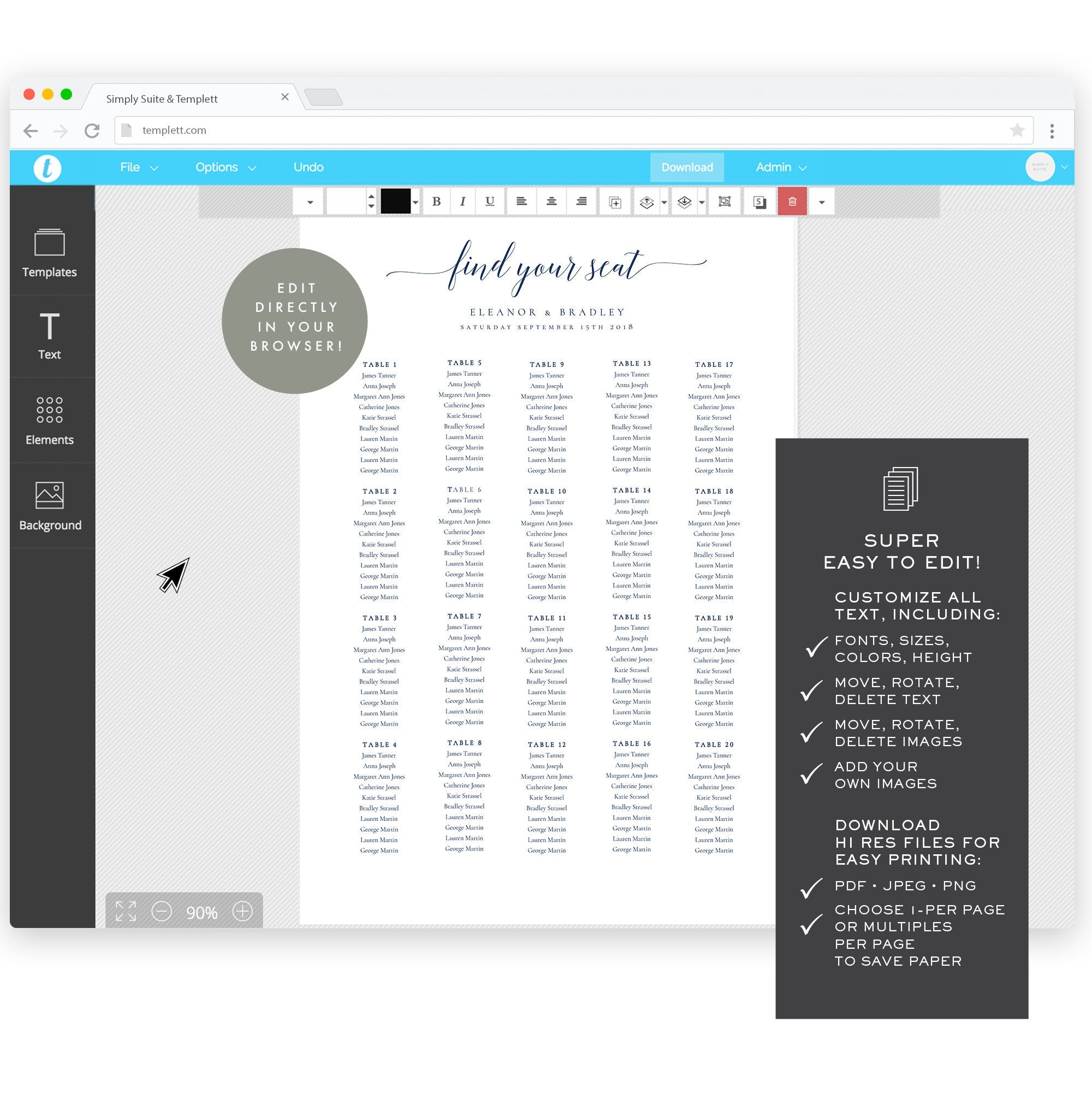 Navy Blue Calligraphy Wedding Seating Chart Poster (24x36 Printable Template)