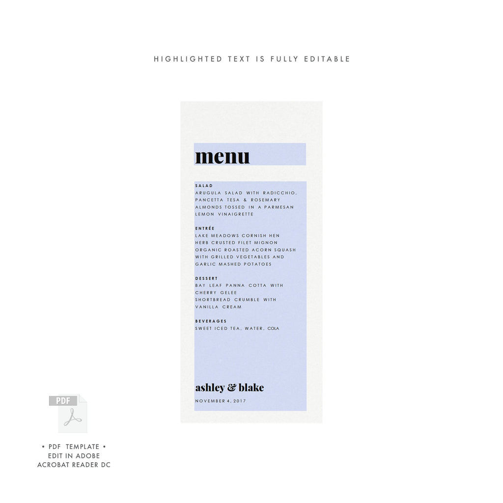 Modern Wedding Menu Template: Fairfax Printable PDF (4x9)