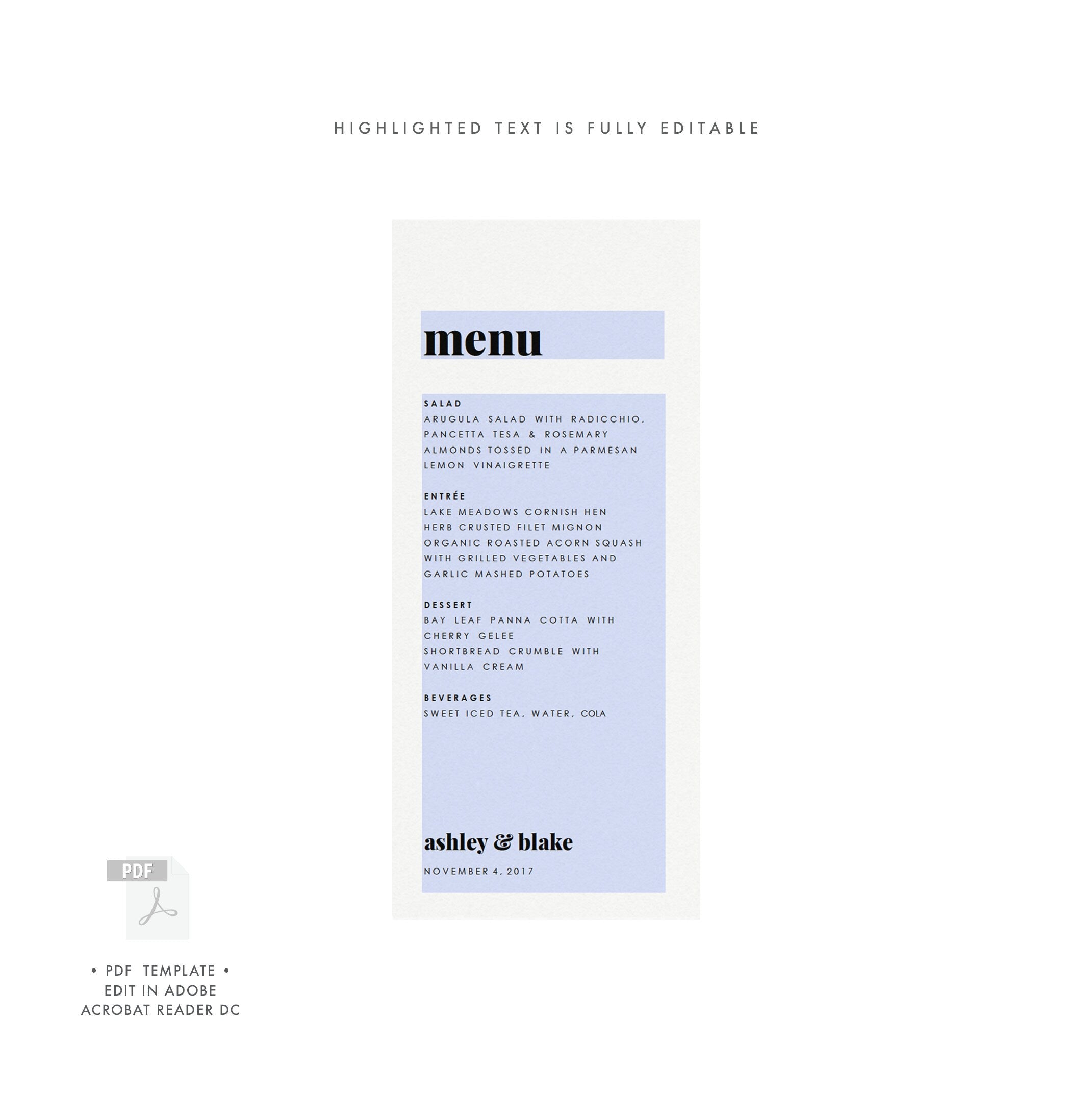 Modern Wedding Menu Template: Fairfax Printable PDF (4x9)