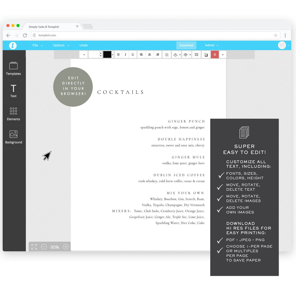 Minimalist Cocktails Menu Template: 8x10 Editable Bar Sign (Templett Instant Download)