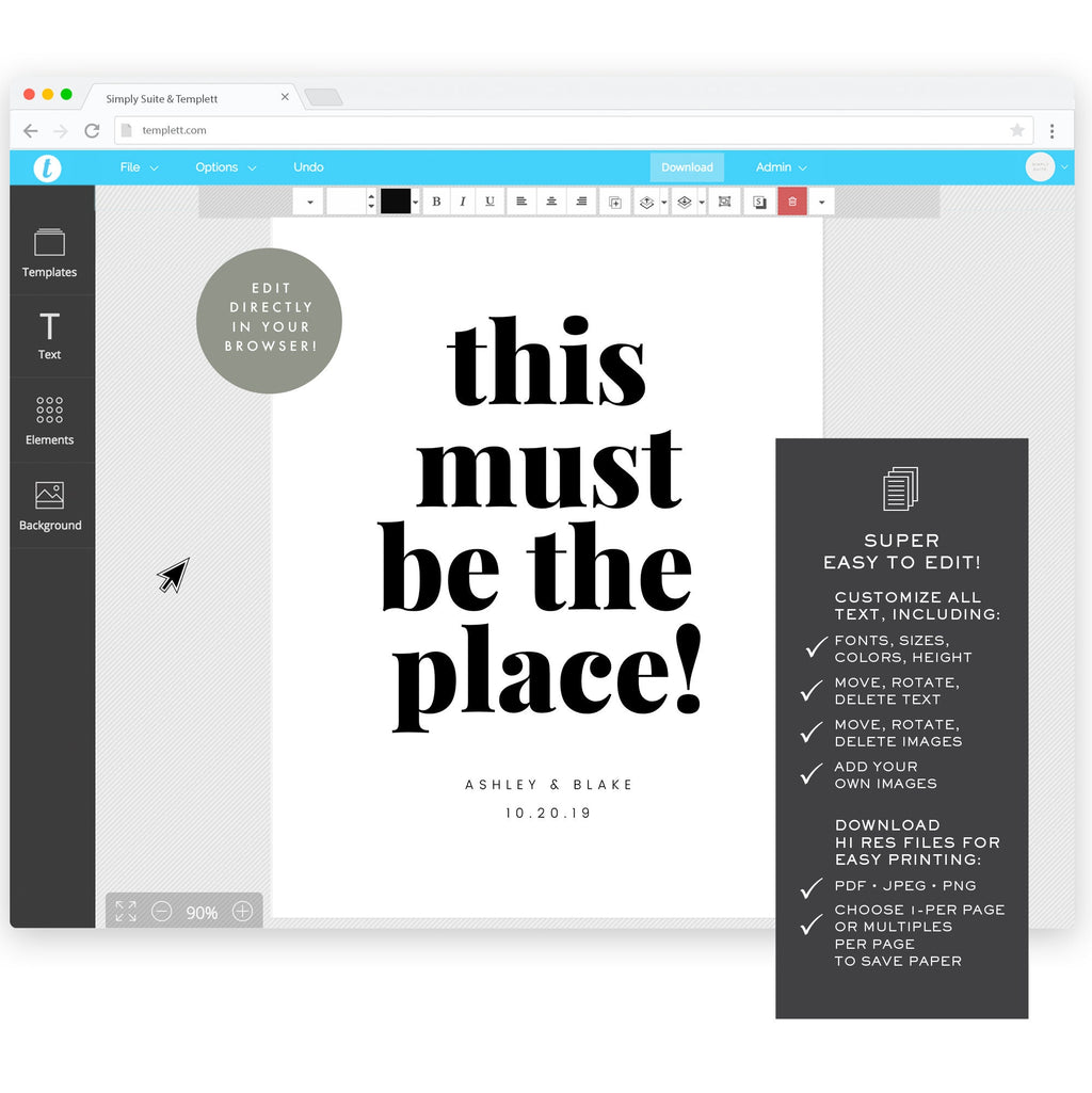 Wedding Welcome Sign Template: "This Must Be the Place" 18x24 (Digital Download)