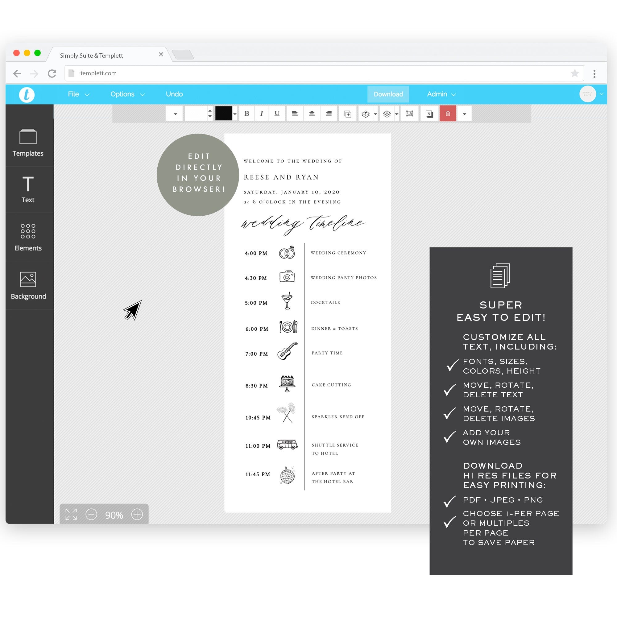 Wedding Timeline Program: Reese Template with Icons (Instant Download)