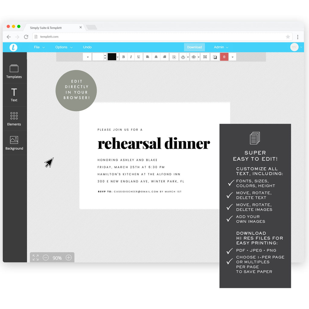 Rehearsal Dinner Invitation Template: Editable 5x7 (Templett Instant Download)