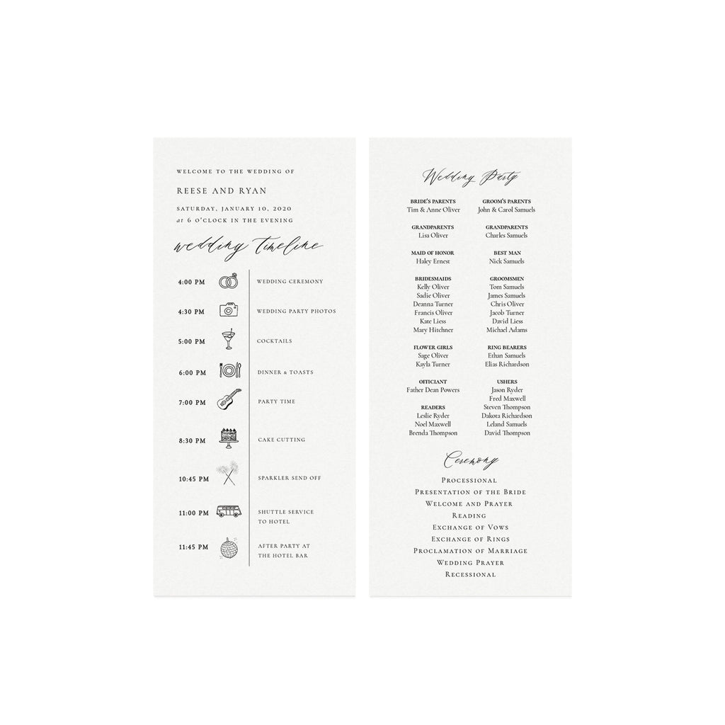 Wedding Timeline Program: Reese Template with Icons (Instant Download)