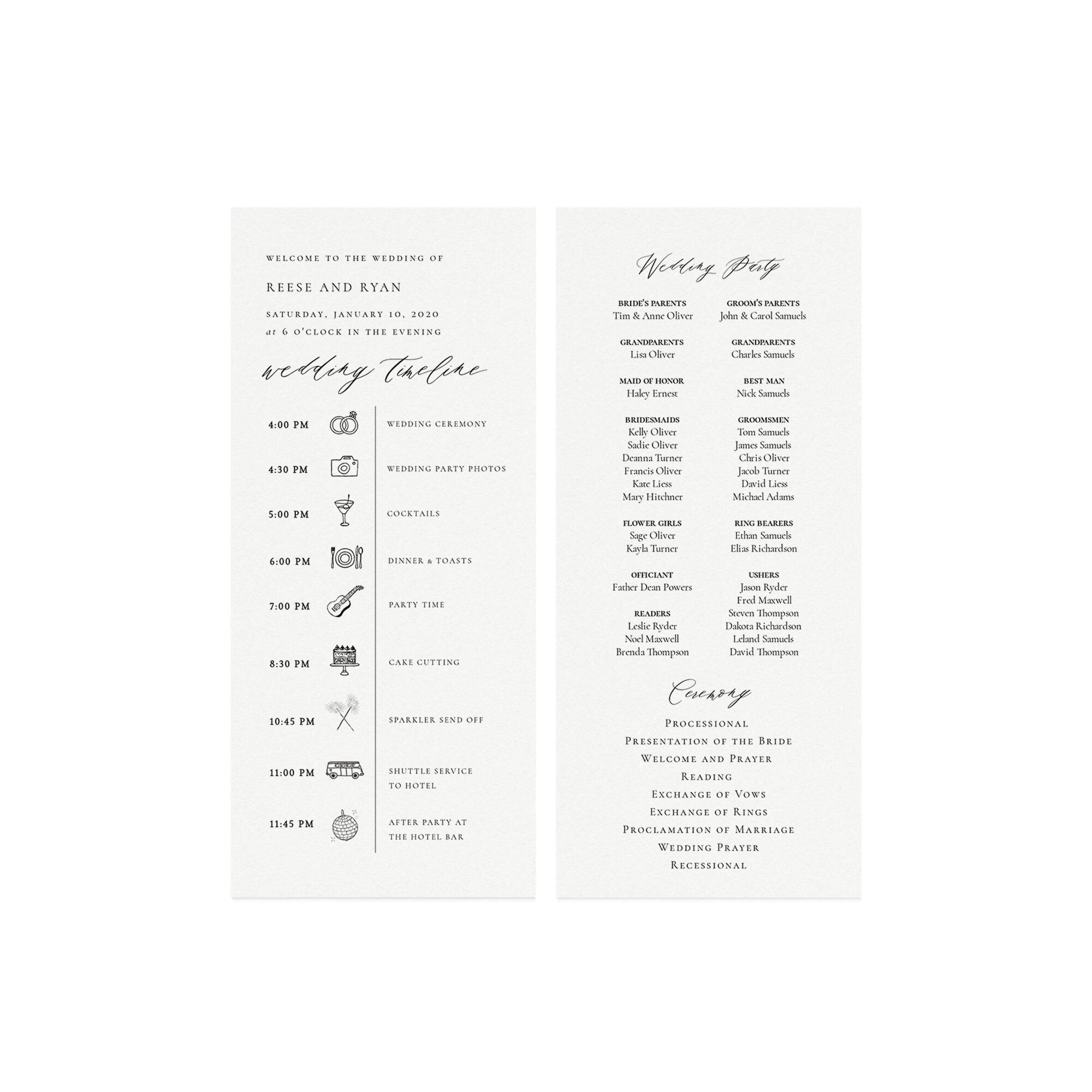 Wedding Timeline Program: Reese Template with Icons (Instant Download)