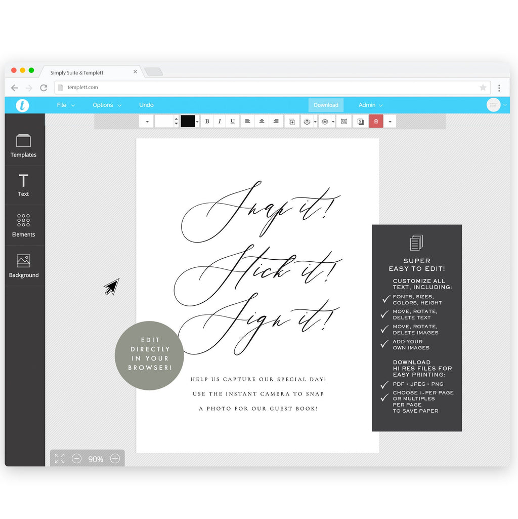 Photo Booth Guest Book Sign: Minimalist Calligraphy (Templett Download)
