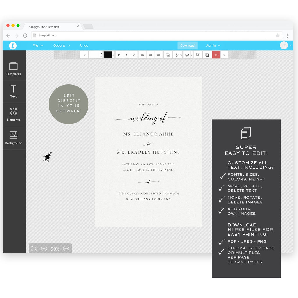 Folded Wedding Program Template: Black Calligraphy (Instant Download)