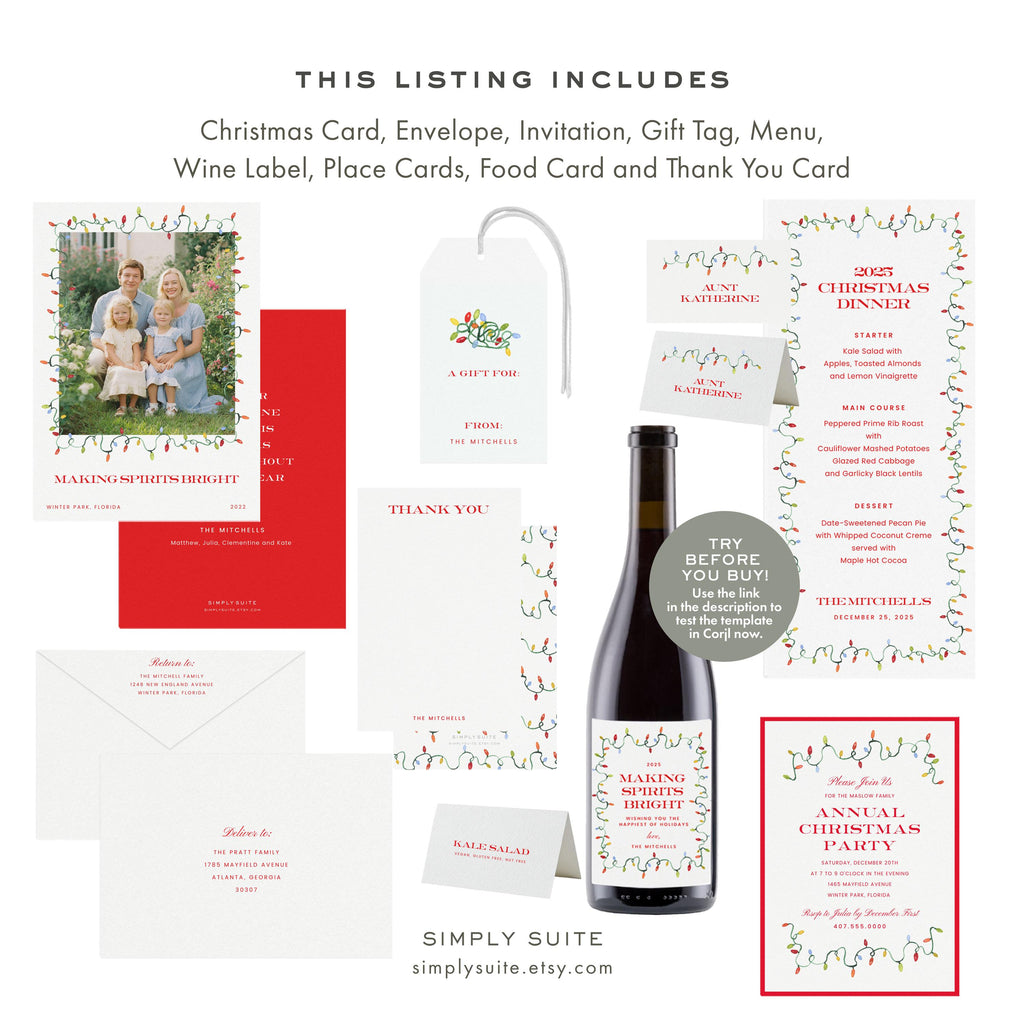 Christmas Lights Stationery Suite | Holiday Card Template (Digital Download)