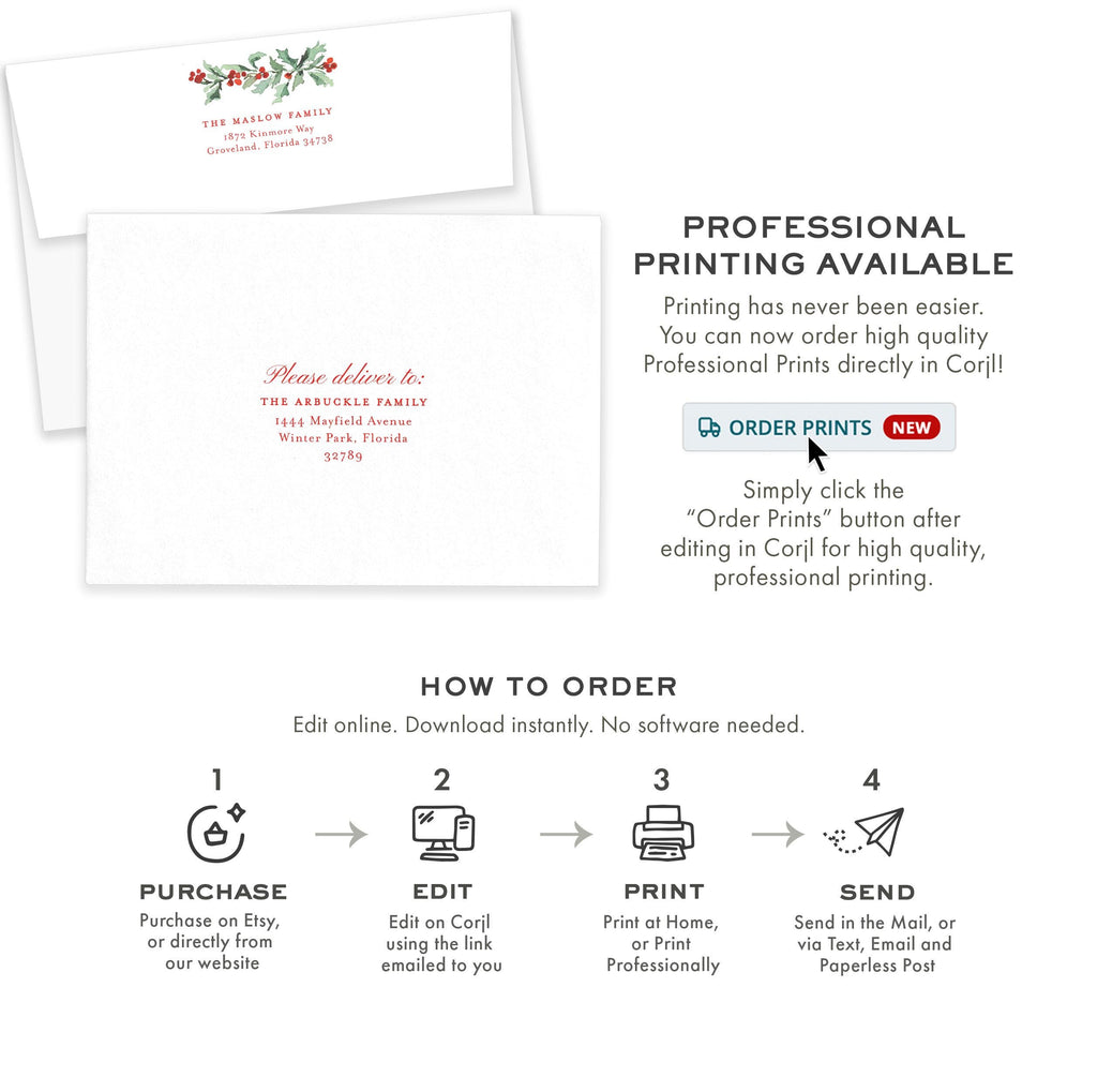 PRINTABLE A7 Envelope Template | Christmas Holly Garland | Watercolor Holiday Card Envelope | Printing Upgrade Available | 2524