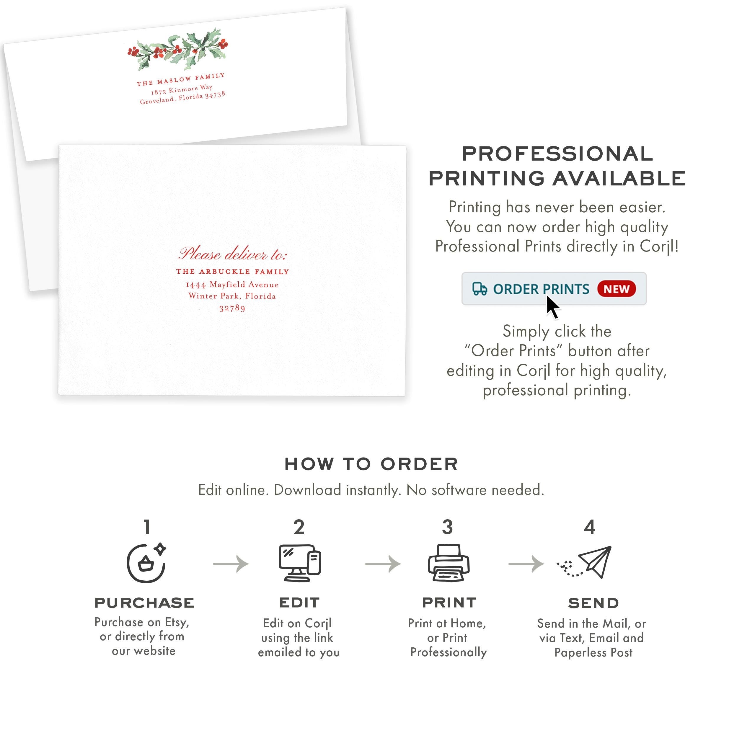 PRINTABLE A7 Envelope Template | Christmas Holly Garland | Watercolor Holiday Card Envelope | Printing Upgrade Available | 2524