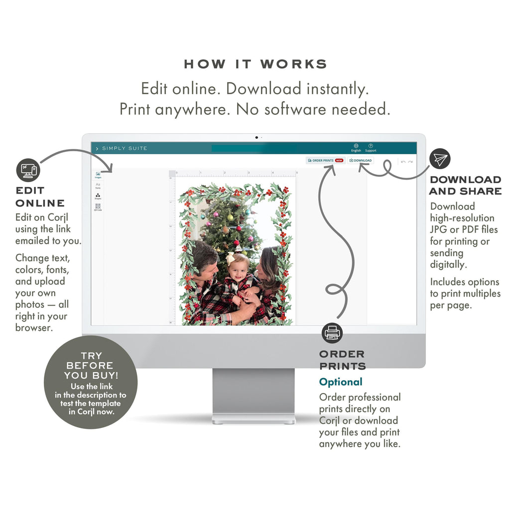 PRINTABLE A7 Envelope Template | Christmas Holly Garland | Watercolor Holiday Card Envelope | Printing Upgrade Available | 2524
