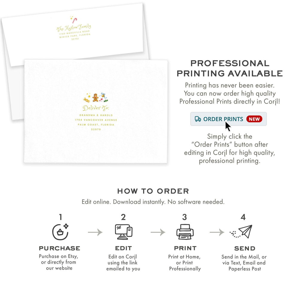 PRINTABLE A7 Envelope Template | Gingerbread Sweets| Watercolor Holiday Card Envelope | Printing Upgrade Available | 2534