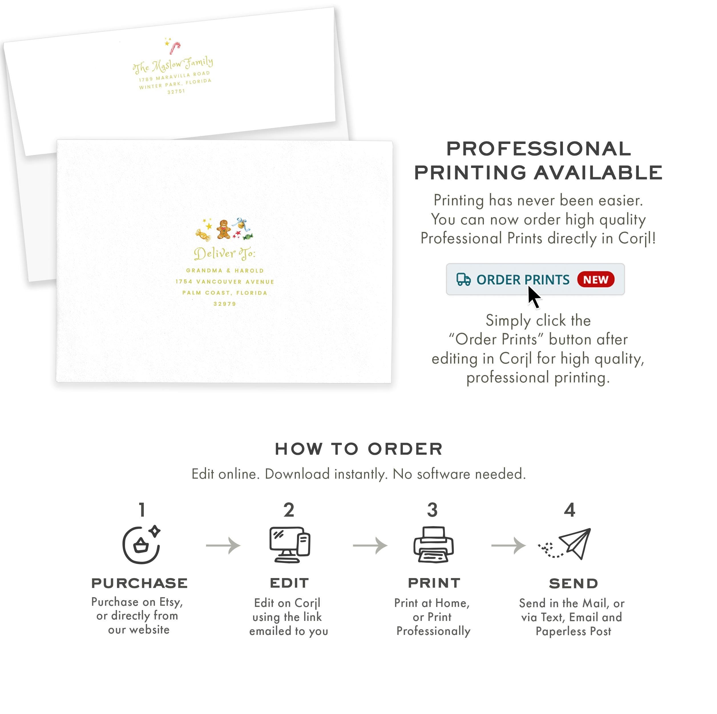 PRINTABLE A7 Envelope Template | Gingerbread Sweets| Watercolor Holiday Card Envelope | Printing Upgrade Available | 2534