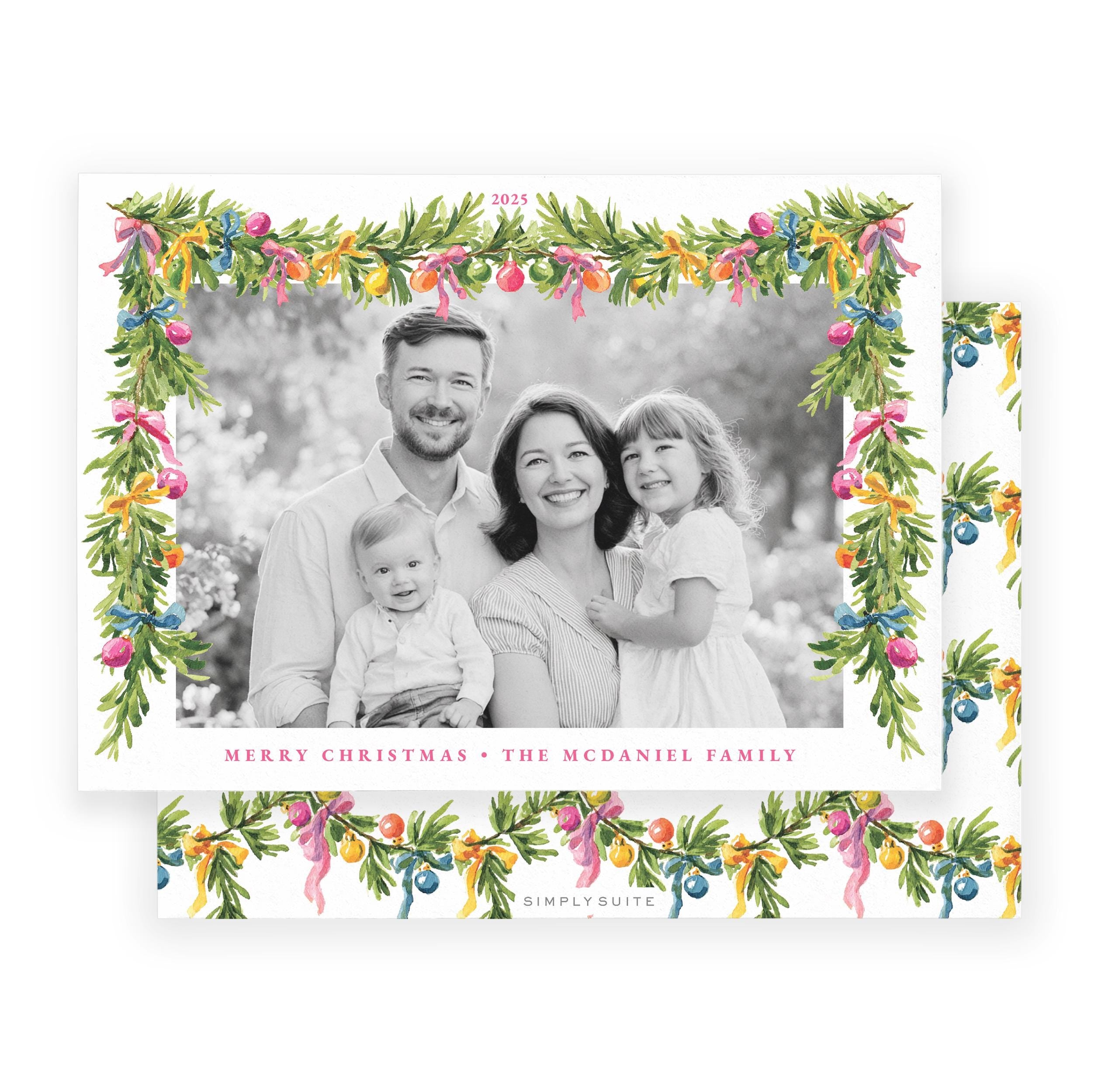 Colorful Garland and Ribbon Photo Christmas Card Template 7x5 | Printable | Edit in Corjl