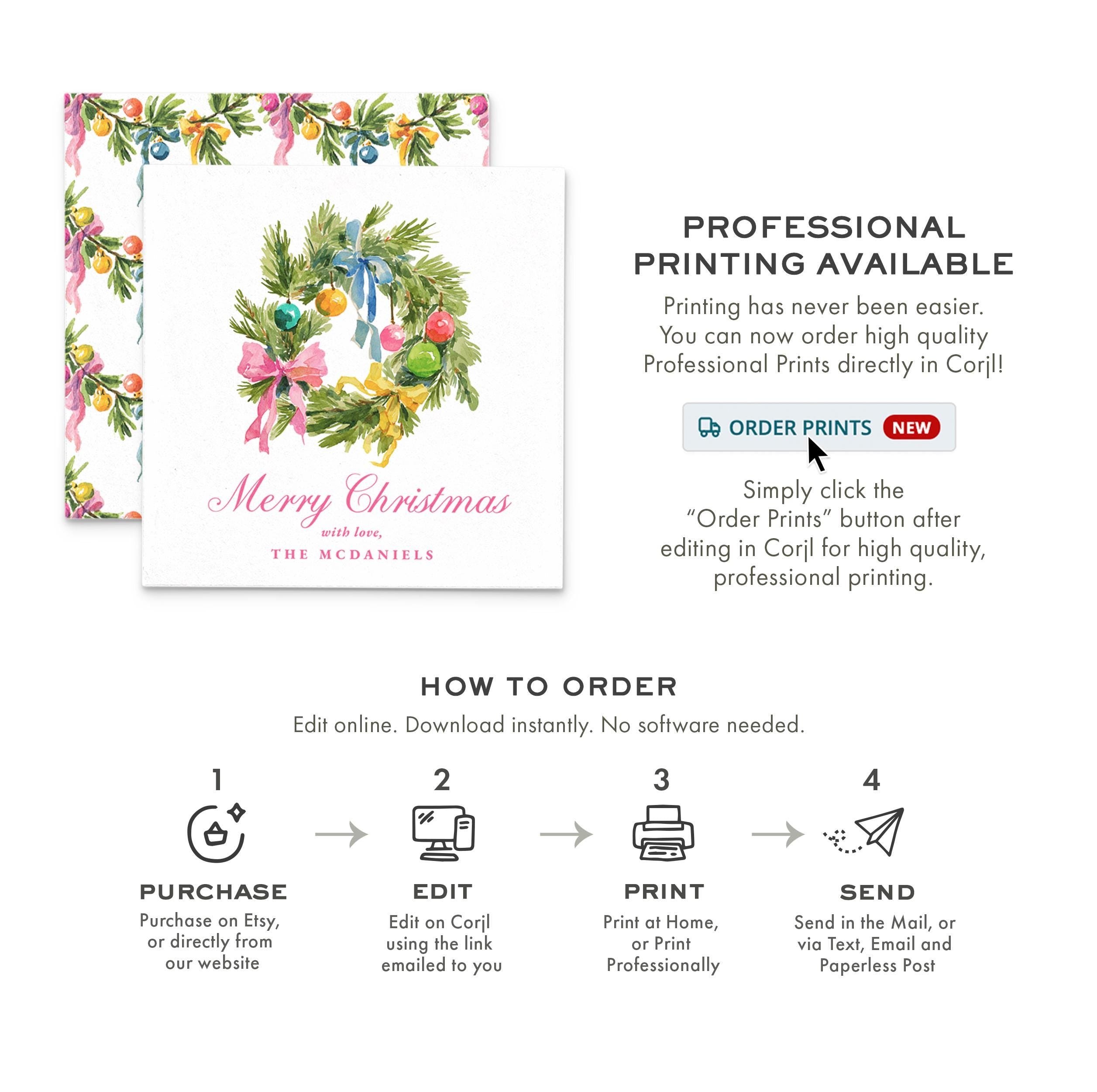 Printable Christmas Gift Tag Template | Watercolor Wreath (3x3)