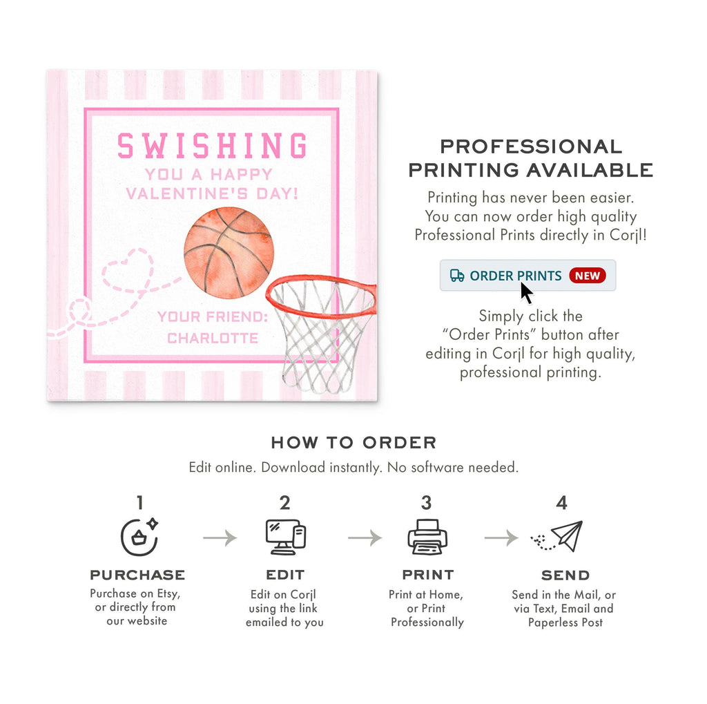 3x3 Basketball Valentine Printable Pink