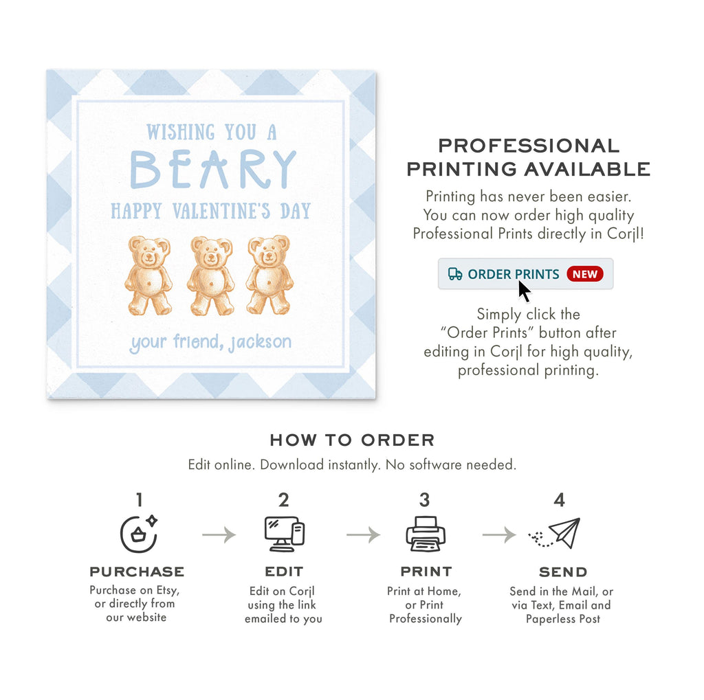 3x3 Blue Teddy Graham Bear Valentine